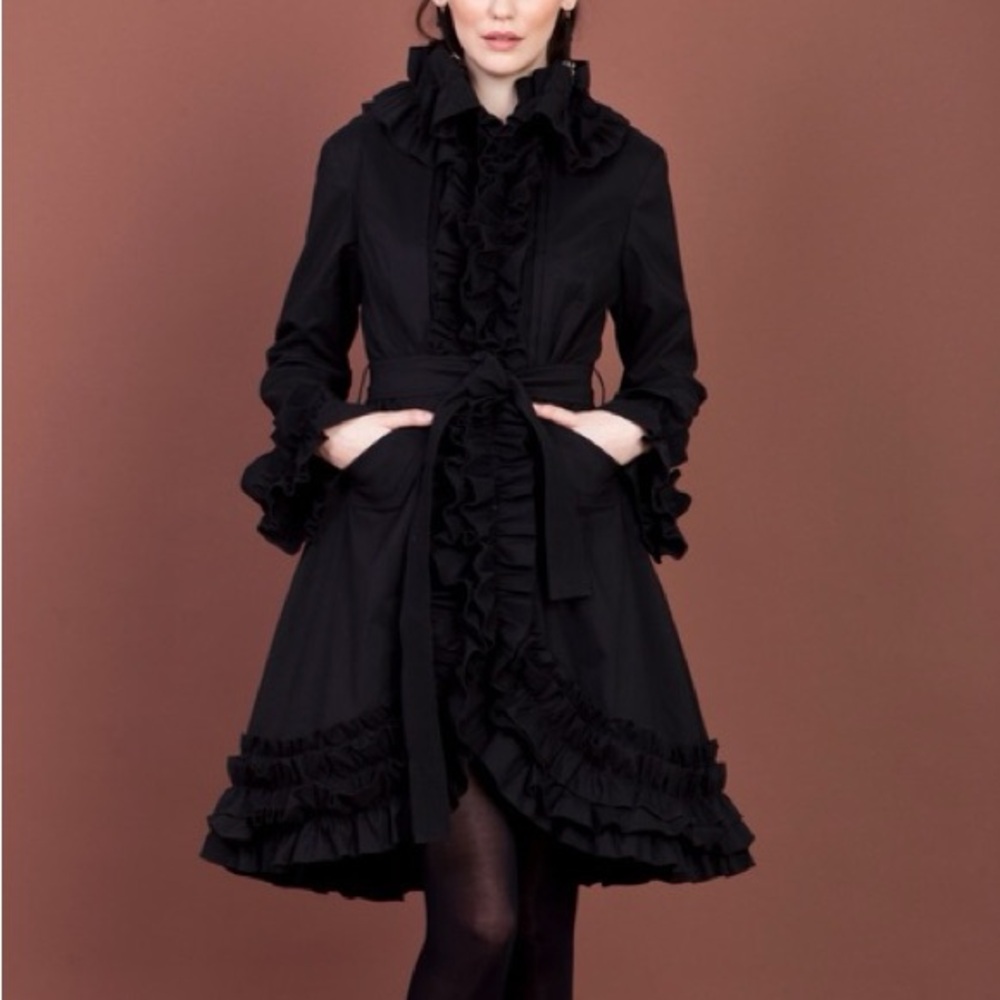Samuel Dong | Black tefetta ruffle long trench zip front coat dress size L